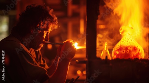 A man blowing glass near a fire, displaying his skill while heating the molten material. AIG41 © Summit Art Creations