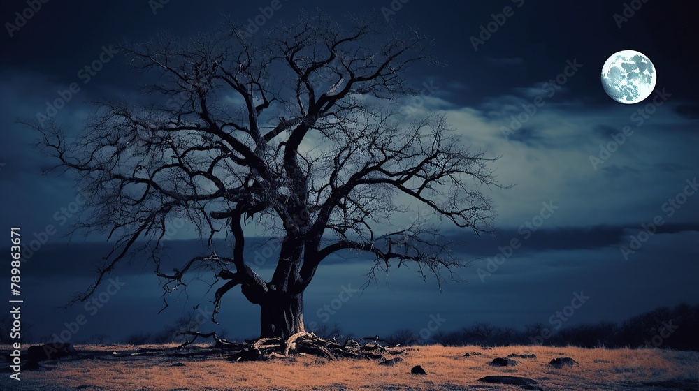 photo spooky tree against a big moon Generative AI