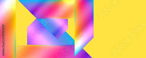 Colorfulness abounds in this artful pattern featuring symmetrical triangles and rectangles in shades of magenta and electric blue on a vibrant yellow background