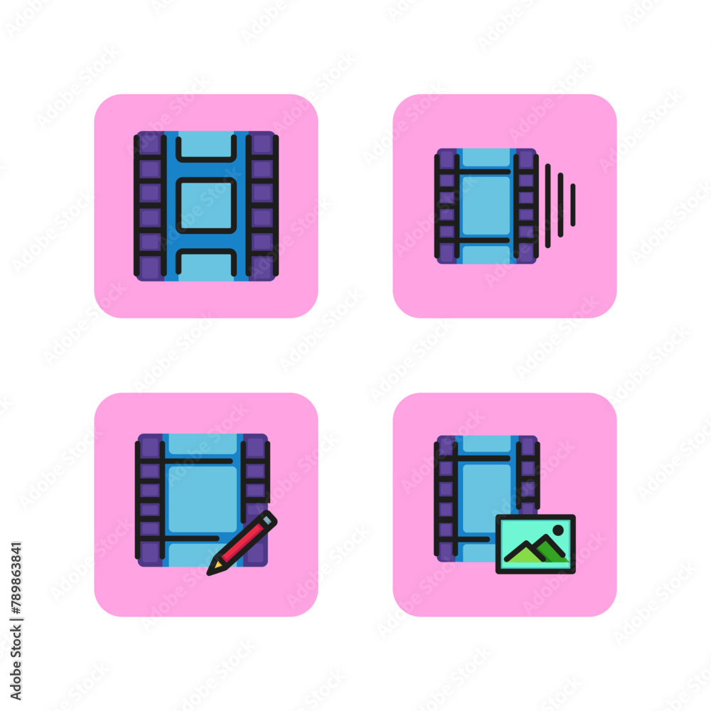 Film strip editing line icon set. Video editing, several video clips, inserting picture, cover, inscription, text. Video editing program concept. Vector illustration for web design and apps Film strip editing line icon set. Video editing, several video clips, inserting picture, cover, inscription, text. Video editing program concept. Vector illustration for web design and apps