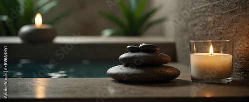 Tranquil Zen Bathroom  Stone Pebbles  Lotus Candle  and Balanced Harmony in Realistic Nature-Inspired Interior Design - Stock Photo Concept