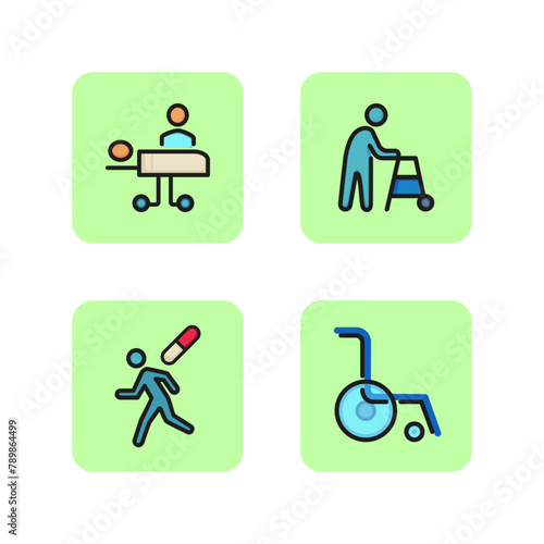 Treatment in hospital line icon set. Patient on bed, operating table, cane, wheelchair, pills, medicines. Medical hospital concept. Vector illustration for web design and app