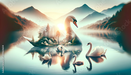 Serenity of Swans: A Swan Family Gliding Over a Tranquil Lake, Embodying Elegance and Unity - Close Up Small Animal Double Exposure Photo Stock Concept photo