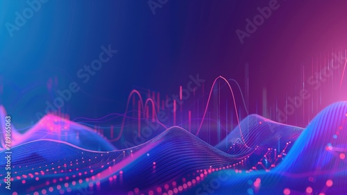 A digital landscape with blue and purple waves and scattered pink particles.