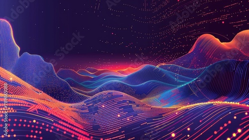 A digital landscape with rolling hills made of tiny particles that glow with vibrant colors.