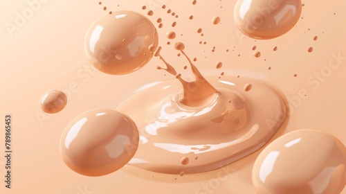 Droplets of liquid foundation. Cosmetic, bb cream, skin tone concealer texture at the top. Modern realistic background with splashes of beauty products. photo