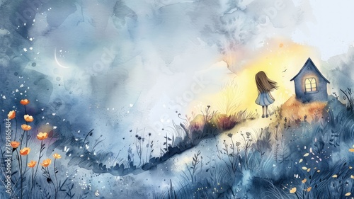 A girl standing on a hill looking at a small house in the distance. The sky is blue and there are flowers in the foreground. The style is watercolor.