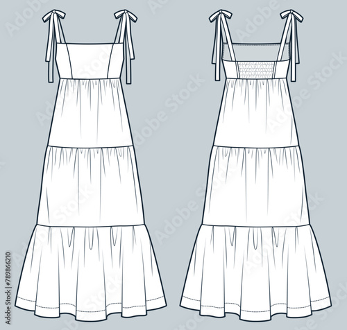  Tiered Maxi Dress technical fashion illustration. Knot Strap Dress fashion flat technical drawing template, bustier, relaxed fit, front and back view, white, women CAD mockup set.
