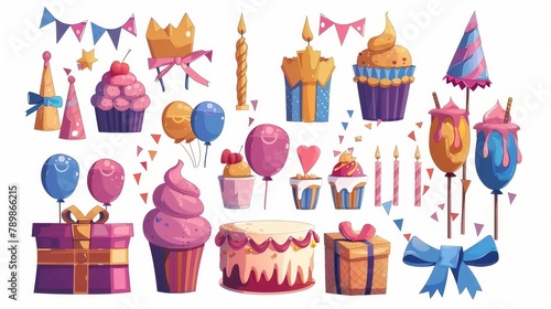 Cartoon elements of a birthday party, with cake, balloons, candles, and gift boxes. Cupcakes, carnival hats, headbands, garland and flags, and modern cartoon elements.