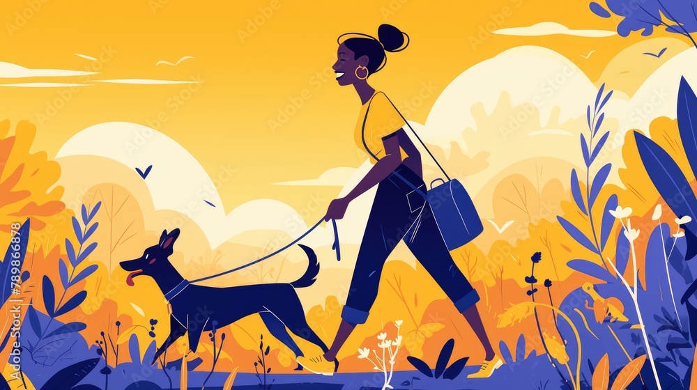Celebrate Walk Your Dog Month with this trendy 2d illustration in a flat style featuring a happy African American woman taking a leisurely stroll with her furry companion in the park - obrazy, fototapety, plakaty 