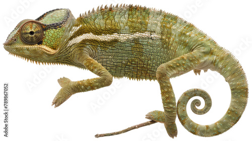 Green chameleon ( Chamaeleo calyptratus ) isolated on transparent background.  photo