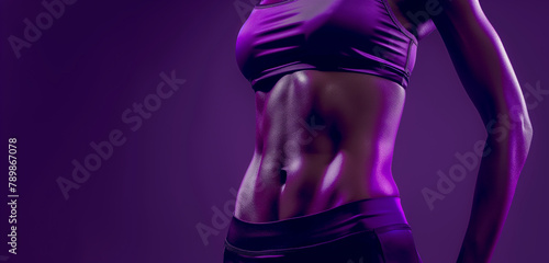 fit slim lady body detail with pumped up abs, isolated violet color studio background © ramona