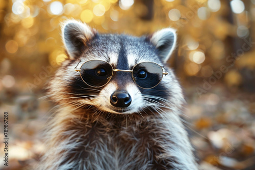 A raccoon sporting trendy sunglasses, adding a dash of personality to its already charming demeanor.