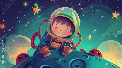 An astronaut kid lying on an alien planet. Modern illustration showing a boy in a spacesuit and helmet exploring craters on the moon  many stars in the sky at night  and spending time in space.