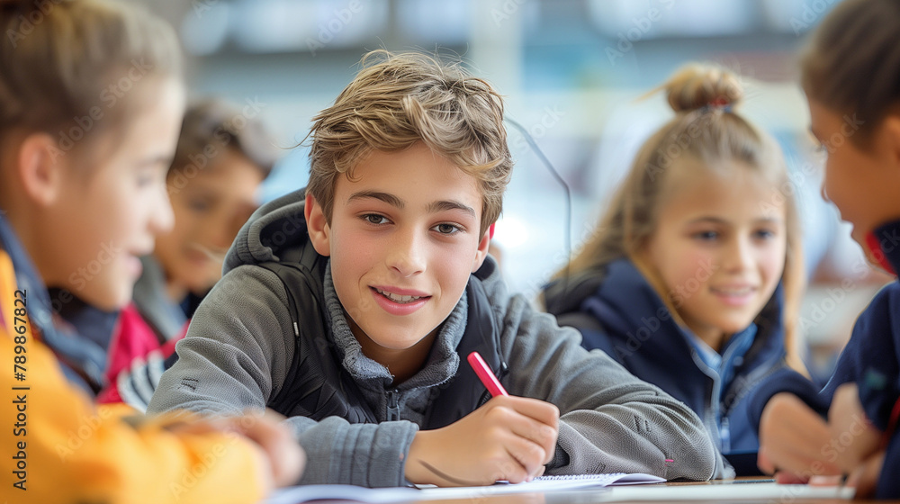Group of students talking and writing at school. Group of students talking and writing at school.