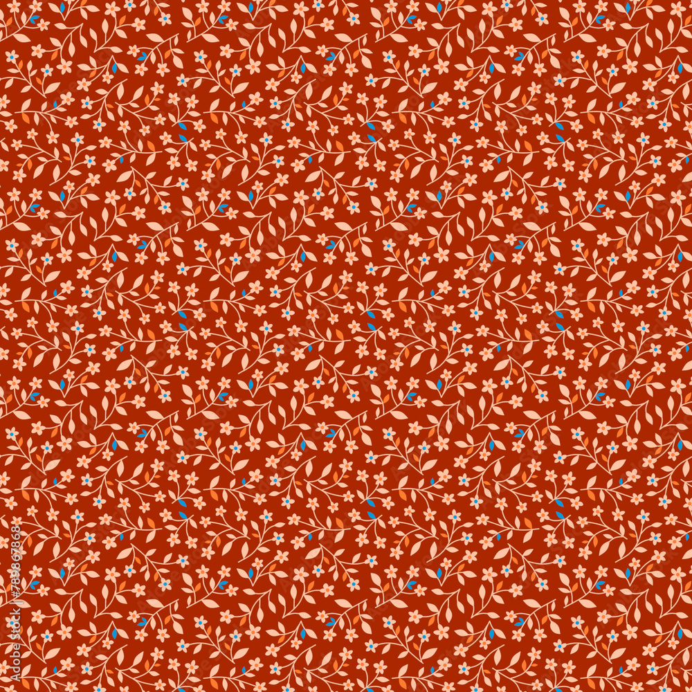 Small flower background for summer Tiny floral fabric, wallpaper and home décor Simple peach blue flowers on a rustic red background Ditsy girl dress print Small flower background for summer Tiny floral fabric, wallpaper and home décor Simple peach blue flowers on a rustic red background Ditsy girl dress print