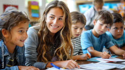 A kind female teacher spends time with her elementary school students, making learning enjoyable and fun while sparking curiosity and fostering a love for education