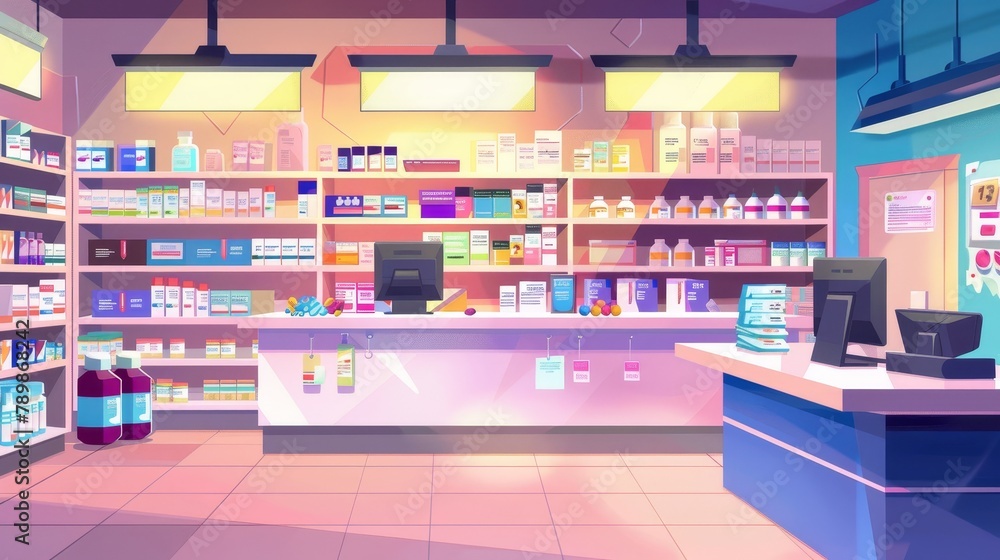 A pharmacy interior with drugs on shelves. Modern cartoon illustration of a pharmacy with medicine, cosmetic bottles, pills, tablets and a computer on the cash desk. This is a pharmaceutical