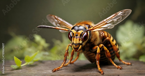 European Hornet, Hornet, Wasp in green nature background ai generative