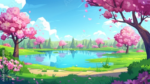 This is a cartoon spring landscape with pink flowering trees along a lake on a sunny day. It has blue water in the pond, lush green grass along the shore, bushes and wildflowers, and a cloudy sky.