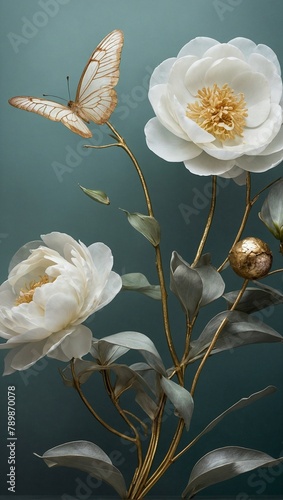 Gardenia Peony and butterfly close-up Art Deco