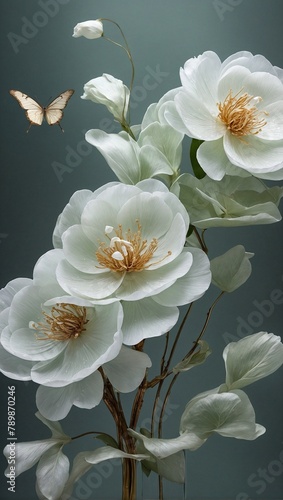 Gardenia Peony and butterfly close-up Art Deco
