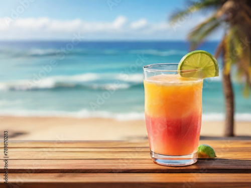 generative ai  Wooden Board juice drink With Blurred Beach and Sea Background