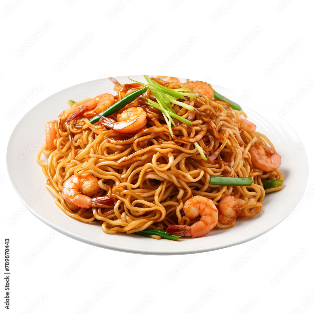 Spicy and Yummy Shrimp Chow Mein Isolated On White Background Spicy and Yummy Shrimp Chow Mein Isolated On White Background