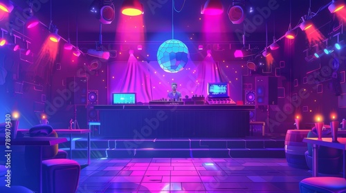 The neon glow of a nightclub interior complete with a DJ behind a stand with a mixer, loudspeakers, a disco ball hanging from the ceiling, tables and seats for visiting patrons. photo