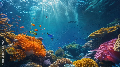 An underwater coral reef scene  diverse marine life  vivid colors  showcasing the beauty and diversity of ocean life. Underwater photography  coral reef ecosystem  diverse marine life . Resplendent.