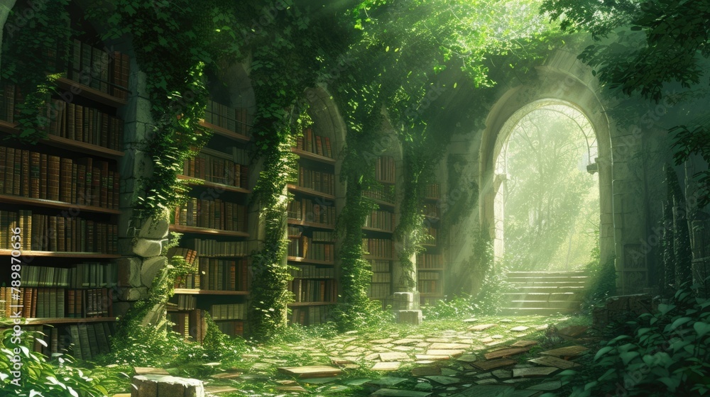 Naklejka premium An ancient library in a hidden forest, overgrown with ivy, books filled with forgotten lore, mystical ambiance, sunlight filtering through leaves. Resplendent.