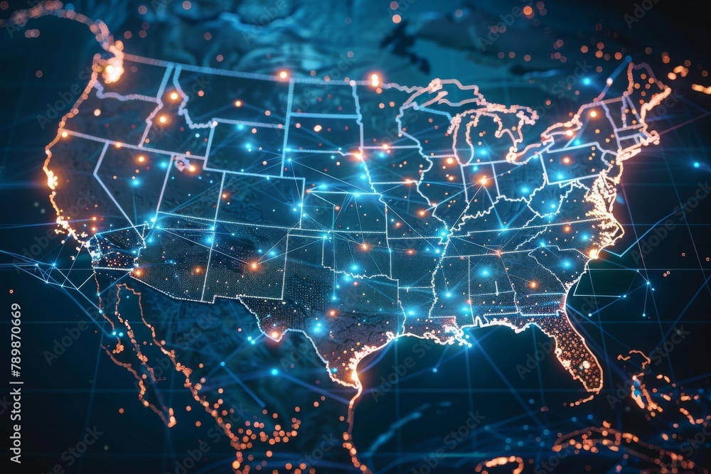 Digital Map of USA with Network Connection created with generative AI Digital Map of USA with Network Connection created with generative AI