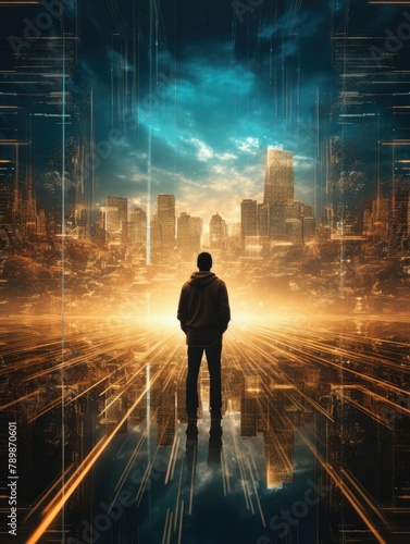 A man standing in a city with a futuristic background