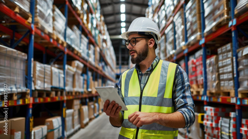 A man wearing a hard hat and safety vest uses a tablet while inspecting a warehouse.