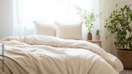 A messy bed with a duvet and two pillows in a bright, sunny room with plants in the background photo