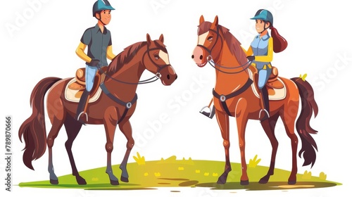 Cartoon illustration set of horse riders in helmets and uniforms. Equestrian school and racehorse training concept.