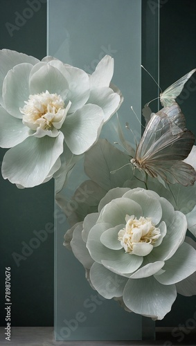 Gardenia Peony and butterfly close-up Art Deco