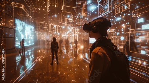 A person wearing a virtual reality headset in a futuristic city © Mickey