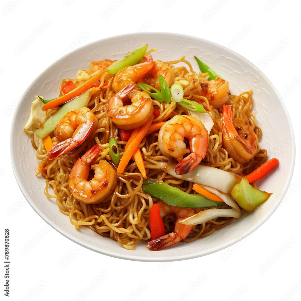 Spicy and Yummy Shrimp Chow Mein Isolated On White Background Spicy and Yummy Shrimp Chow Mein Isolated On White Background