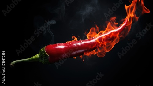 A red chili pepper on fire with smoke and flames.