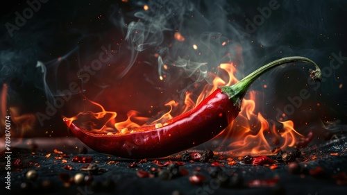 A red chili pepper on fire with smoke and spices around it. photo