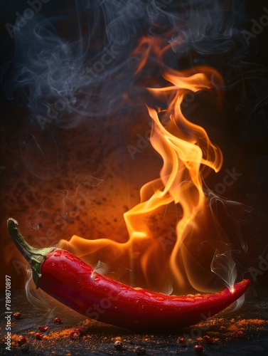A red chili pepper on fire with smoke rising up. photo