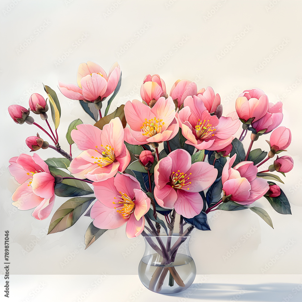 Pink cherry blossoms blooming in a vase on a white background Pink cherry blossoms blooming in a vase on a white background