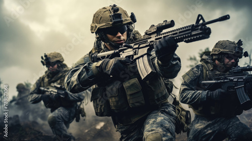 A soldier in full combat gear, armed with an assault rifle, leads his squad through a war zone photo