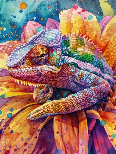 A watercolor painting of a bright rainbow chameleon on a flower.