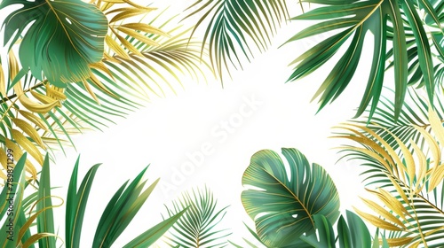 Beautiful botanical design with tropic jungle rainforest date palm leaves on white background, exotic plant design with copyspace for sale flyer, cosmetic banner.
