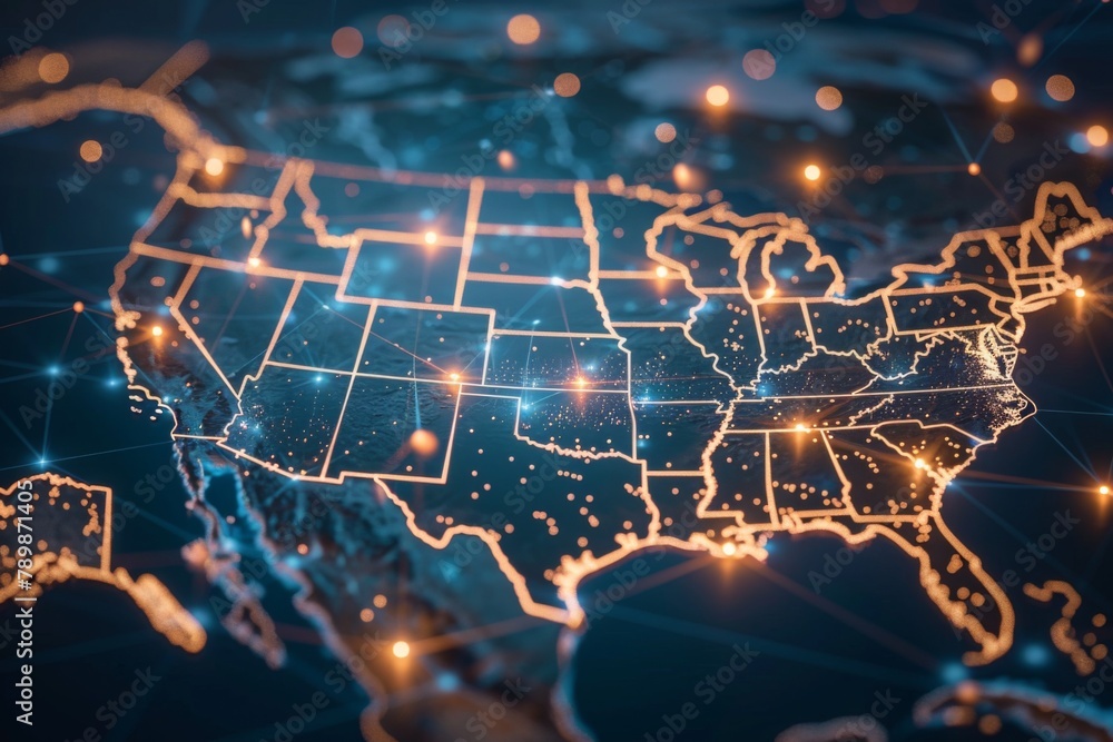 Obraz premium Digital Map of USA with Network Connection created with generative AI