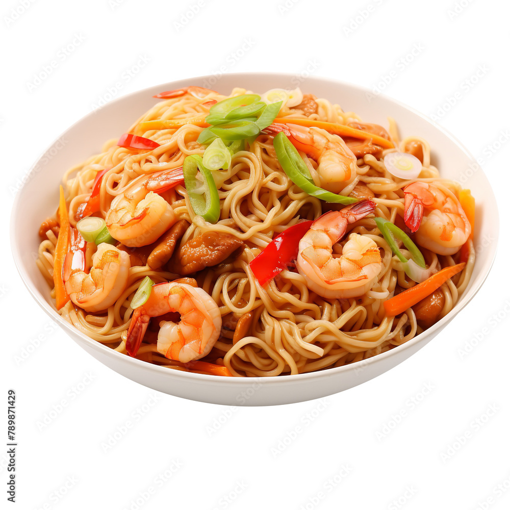 Spicy and Yummy Shrimp Chow Mein Isolated On White Background Spicy and Yummy Shrimp Chow Mein Isolated On White Background