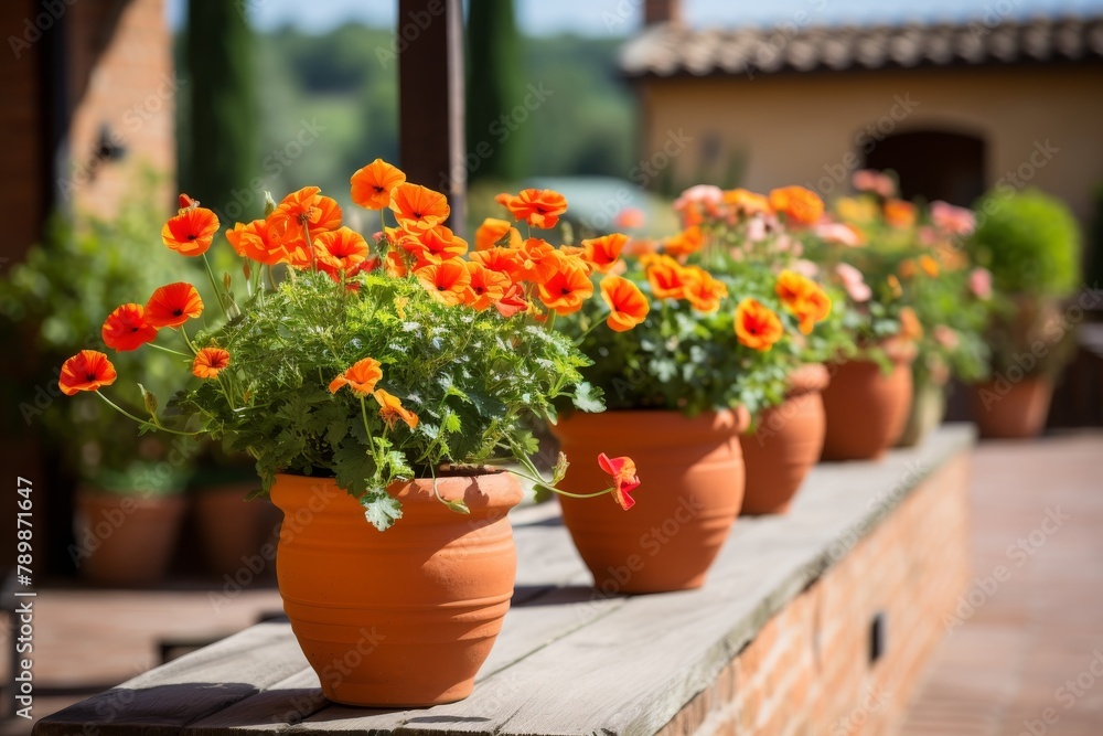 Colorful flowers on balcony with warm, inviting hues, creating a charming atmosphere
