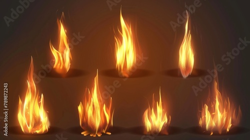 3D modern illustration, icon, clipart with realistic flames isolated on transparent background. Burning campfire or candle blaze effect, glowing orange and yellow flare design elements.